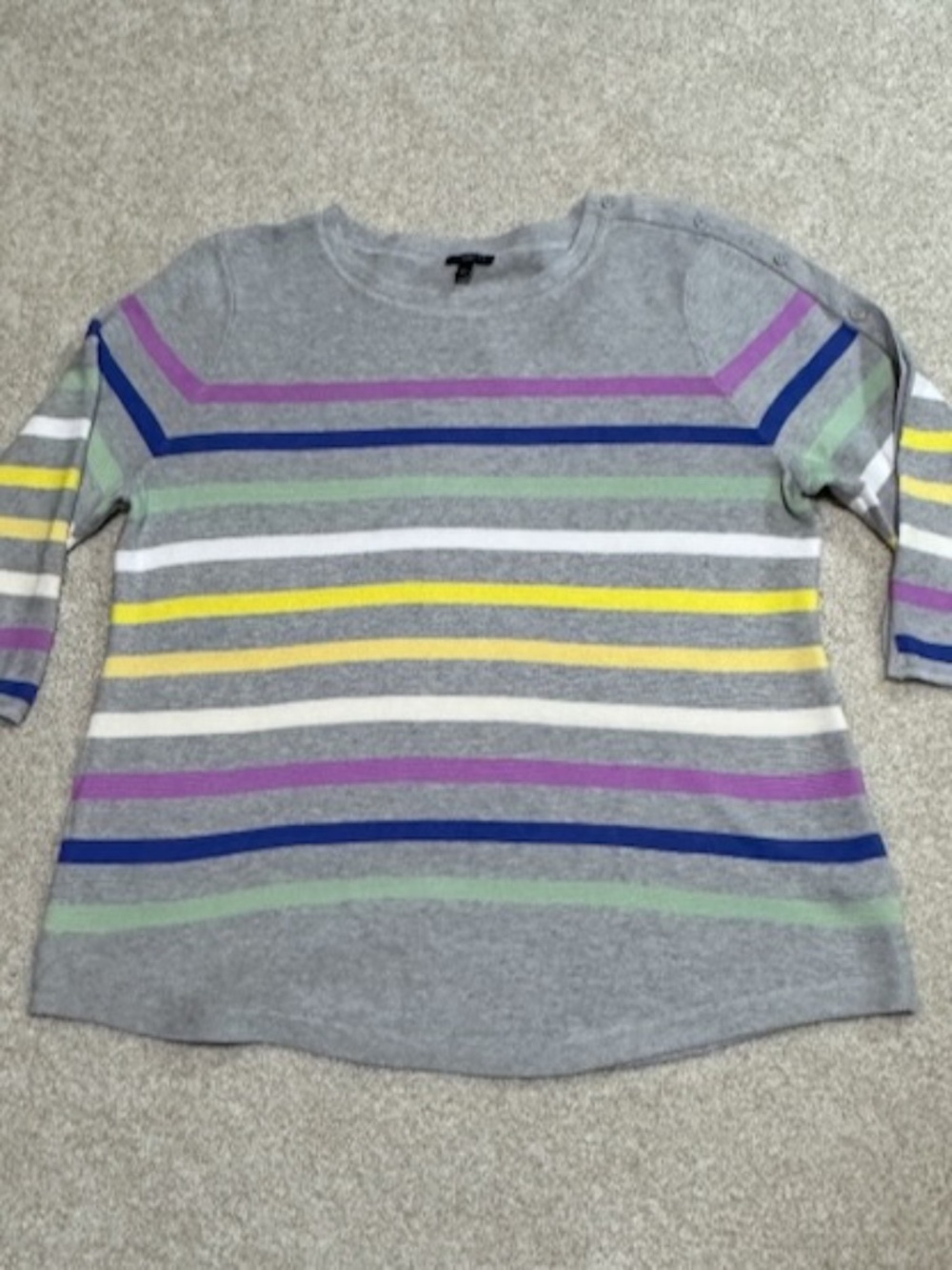 Talbots Gray Sweater Pastel Stripes Scoop Neck 3/4 Sleeves Curved Hem XL Petite